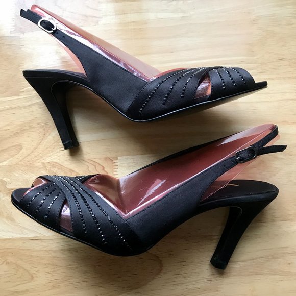 Nina Camille Black Luster Rhinestone Slingback Peep Toe Heels, Size 8 - Picture 1 of 16